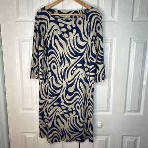 J McLaughlin Blue Animal Print Dress L Rayon Knit‎ Blend Flare Sleeve